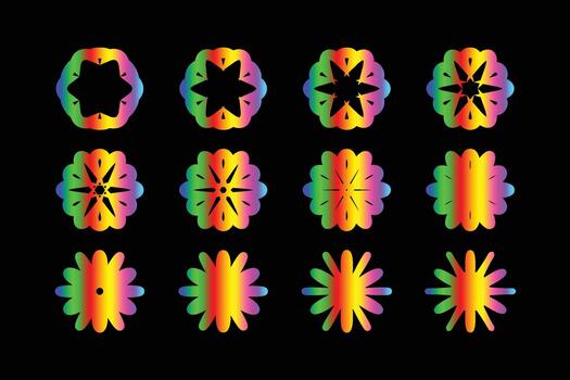 Collection of vibrant abstract geometric shapes with rainbow gradients, evolving patterns for modern designs. vector