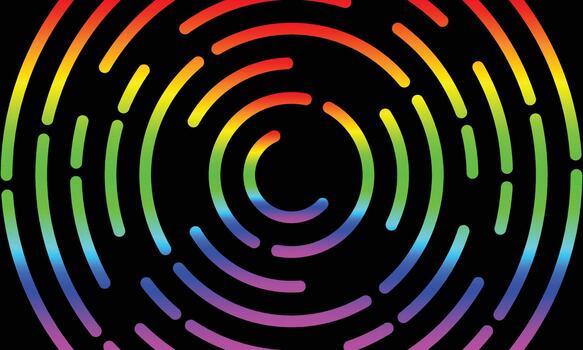 Vibrant concentric segmented circles with rainbow gradient hues, ideal for abstract graphic design. vector