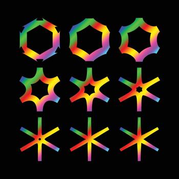 Abstract rainbow gradient geometric shapes transforming into starburst patterns on a crisp, clean background design vector