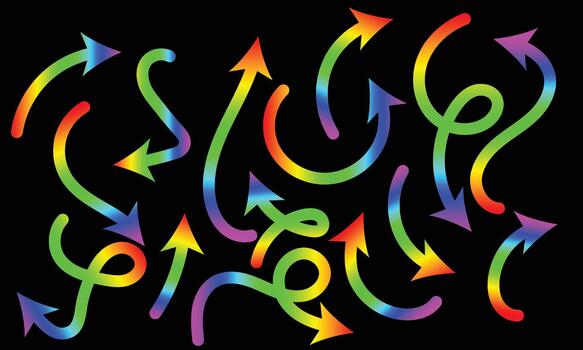 Vibrant collection of colorful rainbow gradient arrows illustrating direction, flow, and multifaceted concepts. vector