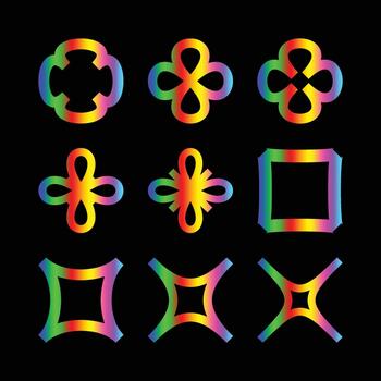 Vibrant abstract geometric shapes, a diverse collection of modern design elements with colorful rainbow gradient illumination. vector