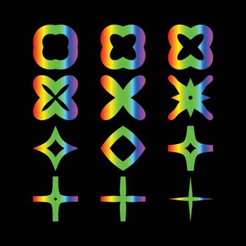 Collection of diverse vibrant rainbow gradient abstract geometric shapes and icons, illustrating creativity and modern design vector