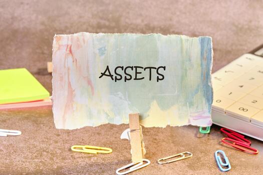 A torn piece of colorful paper with the word Assets is clipped on a desk with paperclips and a calendar nearby. Stacks of sticky notes sit off to the side photo