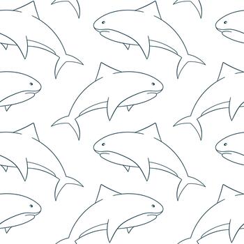Seamless pattern of line art style shark swimming on a white background for marine and ocean themed design. vector