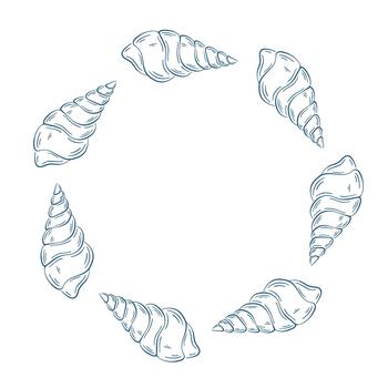 Line art style wreath seashell on white background. Marine design with empty space in the center. vector