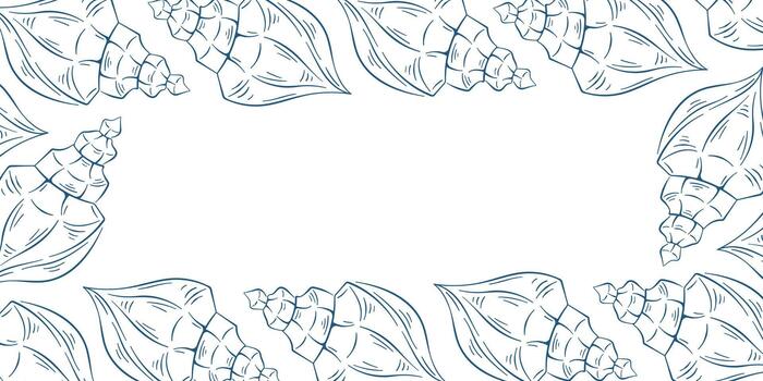 Blue line art style drawing of seashell decorative horizontal frame isolated on a white background. Suitable for marine coastal and summer themed design. vector