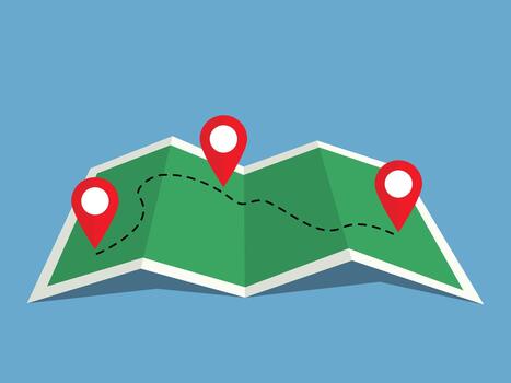 Folded map with destination pin, location, navigation vector