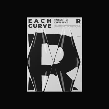 Abstract poster design with letter R and liquid glass distortion and refraction effects. Composition blending typography, reflection, and optical illusion. vector