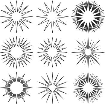 Collection of starbursts radiating outwards in a minimalist style perfect for adding a dynamic and energetic feel to designs and illu vector