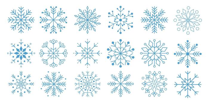Set of blue snowflake elements isolated on white background. Minimal geometric winter icons for Christmas and New Year design. Perfect for cards, patterns, wrapping paper, invitations. vector