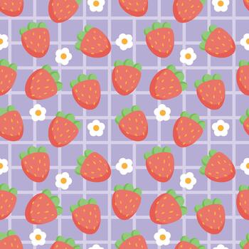 Seamless pattern with strawberries and white flowers on a purple checkered background. A cute hand-drawn pattern for design vector