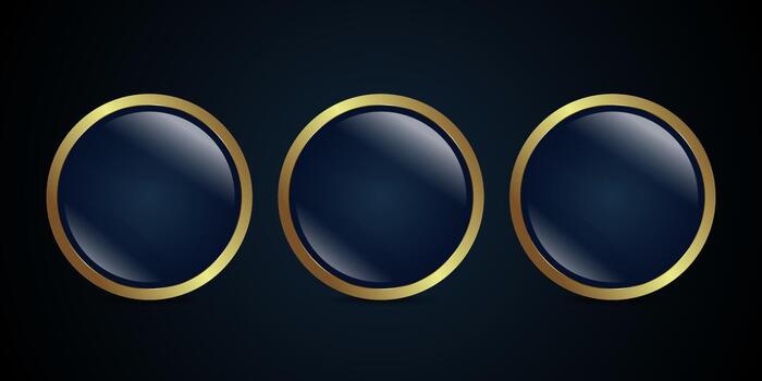 conjunto de Tres círculos dorado bandera, botón, símbolo, icono, Tres botones concepto diseño con oro acariciado lujo botón diseño vector