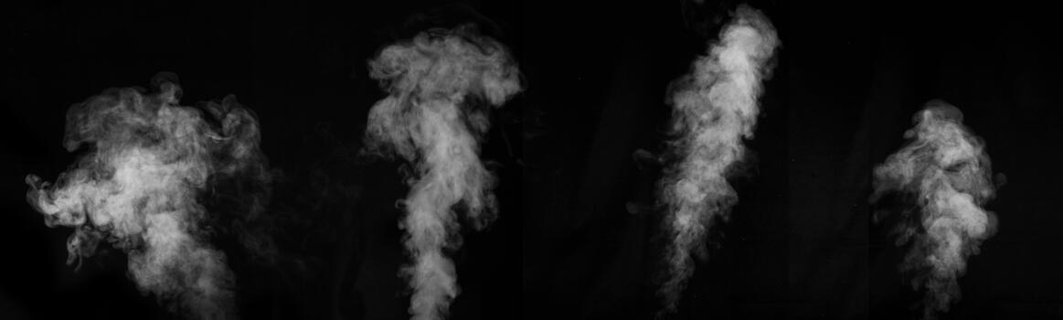 A set of 4 different steam, smoke, gas isolated on a black background. Swirling, writhing smoke to overlay on your photos. Smoky banner photo