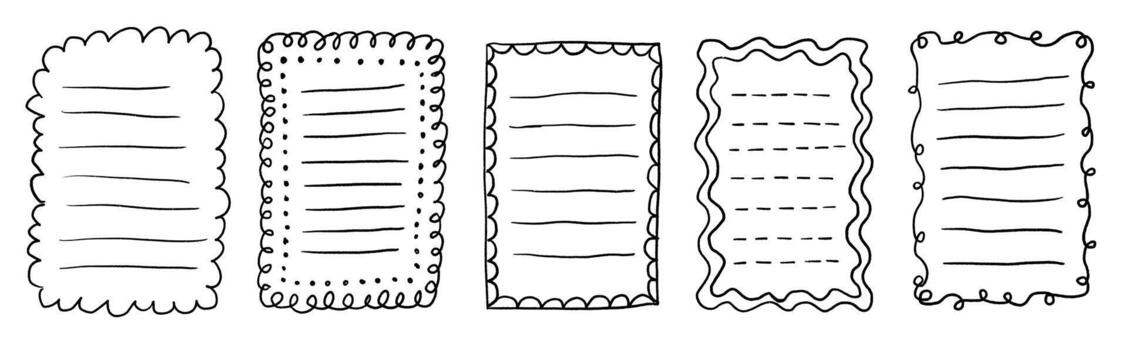 Set of zigzag wavy frame with note list stroke. Rectangular shapes with curvy and jagged borders. Squiggle funky drawn outline borders vector