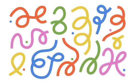 conjunto de negrita garabatear líneas en plano miedoso estilo. curva líneas elementos. juguetón fondo de pantalla con Rizado vistoso garabato vector