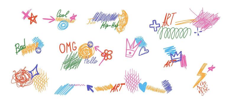 Isolated street art graphic box. Street art background collection. Artistic text set set in hand drawn graffiti style. . Set of doodle design elements with scribbles texture. vector