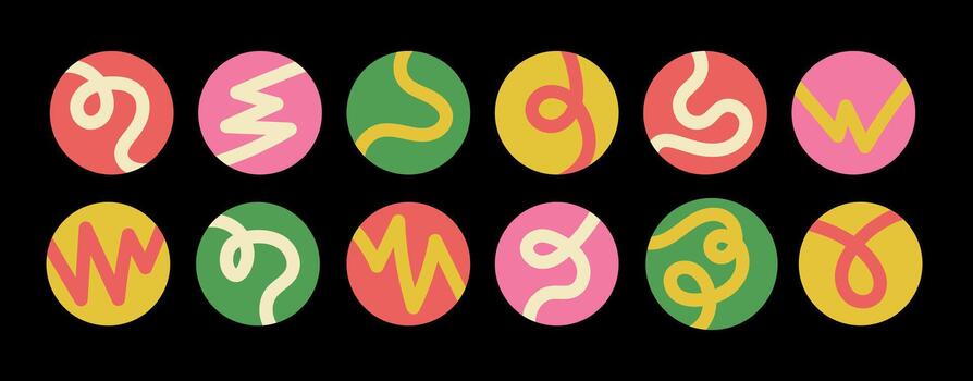 Stickers with wavy curve line in flat style. Circle with playful scribble. Highlights with organic curvy curly stripe vector