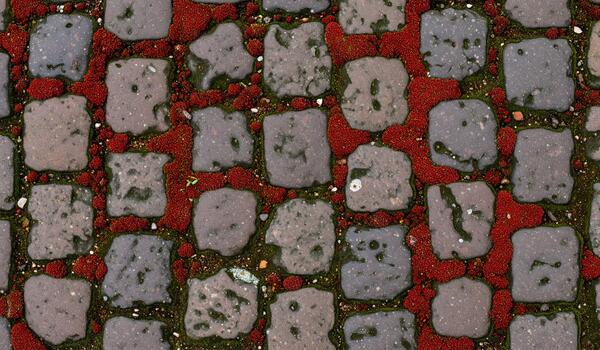Cobblestone path displaying red moss growing between the stones in a garden creating a natural and textured s photo