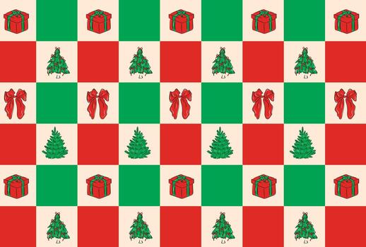 Christmas checker pattern gifts, bows and trees in red and green blocks. Vintage-style geometric Christmas pattern with red and green squares decorated with gifts, bows, and trees. Perfect for festi vector