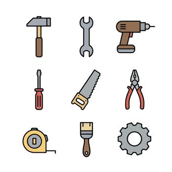 geométrico herramienta contorno íconos en mínimo plano estilo en blanco antecedentes vector