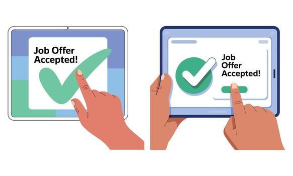 Digital job offer accepted on tablet screen, symbolizing career success and beginning. vector