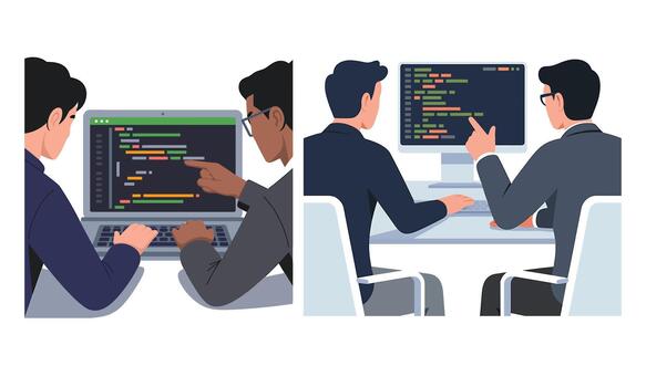 software desarrolladores colaborando en código, programación y desarrollo trabajo en equipo vector