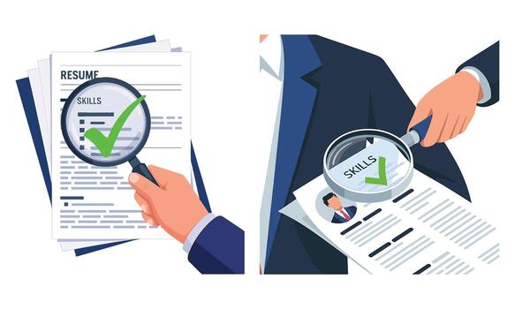 Hiring manager evaluating candidate skills on a resume with magnifying glass vector