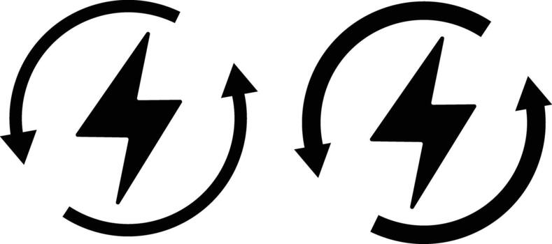 Lightning bolt with circular arrow icons set. Electric power loop graphic designs. Power Reload Symbols. System refresh and energy loop signs vector