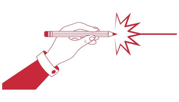 Red hand holding a pencil drawing a red line with a starburst effect on a white background vector