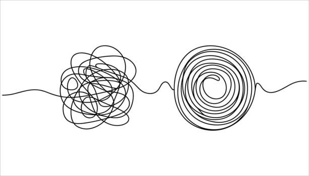 negro línea dibujo de un enredado lío transformando dentro un ordenado espiral en un blanco antecedentes resumen negro y blanco vector