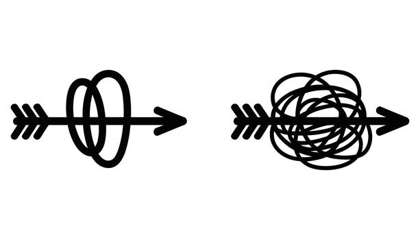Black arrow passing through simple loops and a complex tangle on white background vector
