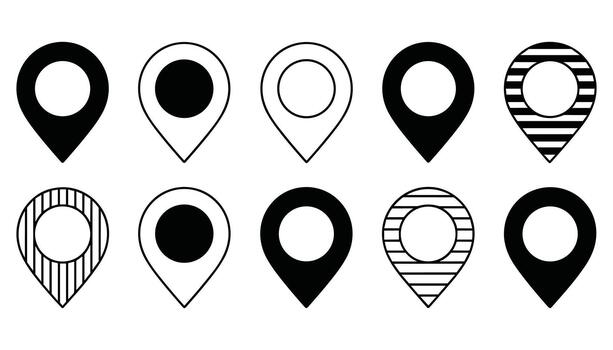 Collection of ten black and white map pin location icons with varied fill patterns navigation pointer vector