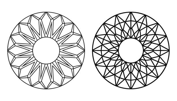 Two black geometric circular patterns with radiating lines and internal polygons on a white background vector