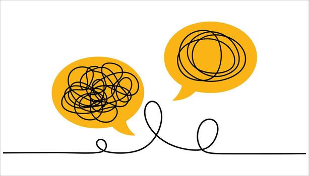 Two yellow speech bubbles with black scribbled lines inside connected by a wavy black line on white background vector