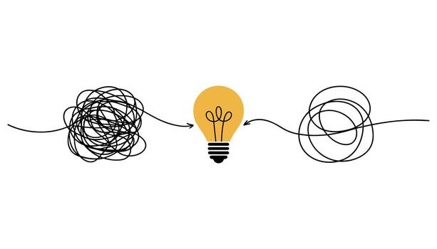 Tangled line simplifying to a bright yellow light bulb and then tangling again idea simplification vector