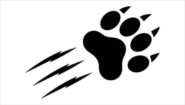 Black bear paw print with sharp claw marks and lightning bolt streaks on white background animal vector