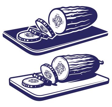 Sliced cucumber on a cutting board illustration in a simple linocut style vector