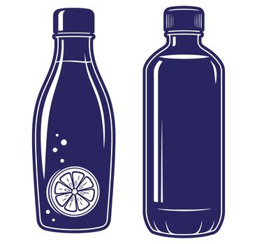 Two stylish illustrations of soda bottles with a slice of lemon on one design vector