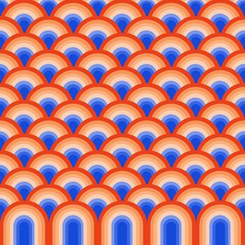 Repeating pattern of overlapping, stylized semi-circles with rainbow wave design. vector