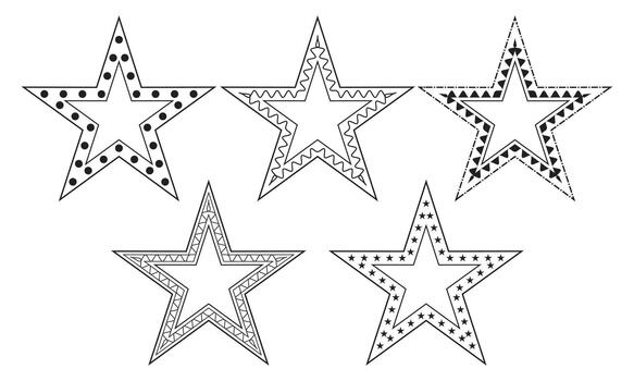 Decorative Outline Stars Set with Geometric Patterns, Dotted and Zigzag Star Border Design vector