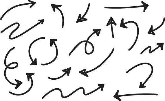 Curved Hand Drawn Arrow Doodle Collection in Dynamic Sketch Line Art Style vector
