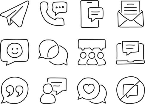 Communication and Messaging Hand Drawn Doodle Icon Set in Minimal Line Art Style vector