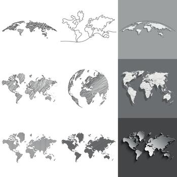 A collection of lined world maps. A set of isolated gray political maps and globes. vector