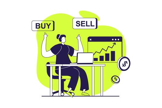 Digital business web concept with flat people for website design. Woman analyzing financial data on chart, analyzing sells performances, getting profit progress and earning. illustration. vector