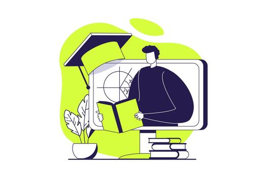 Distant learning web concept with flat people for website design. Man studying at virtual educational courses, reading books and textbooks, graduating study and getting diploma. illustration. vector