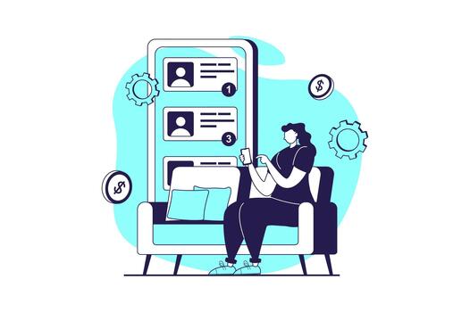 Digital business web concept with flat people for website design. Woman working in online retail store, answering clients messages in mobile chat, getting orders with payments. illustration. vector