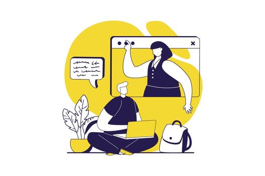 Distant learning web concept with flat people for website design. Teenage boy studying online from laptop with teacher lesson, student watching webinar at virtual class. illustration. vector