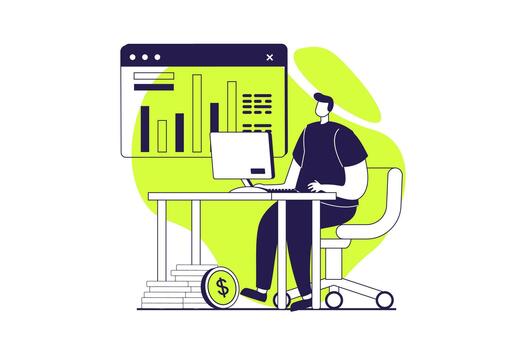 Financial analysis web concept with flat people for website design. Man working with chart at computer, making financial report , analyzing statistics, achieving income goals. illustration. vector