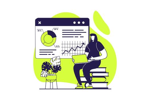 Digital business web concept with flat people for website design. Woman analyzing financial data on diagram and chart, analyzing sells performances and clients, making report. illustration. vector