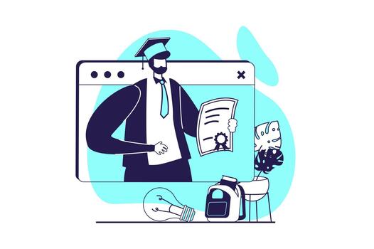 Distant learning web concept with flat people for website design. Man graduating virtual class online and getting diplom, success ending professional courses and gets certificate. illustration. vector